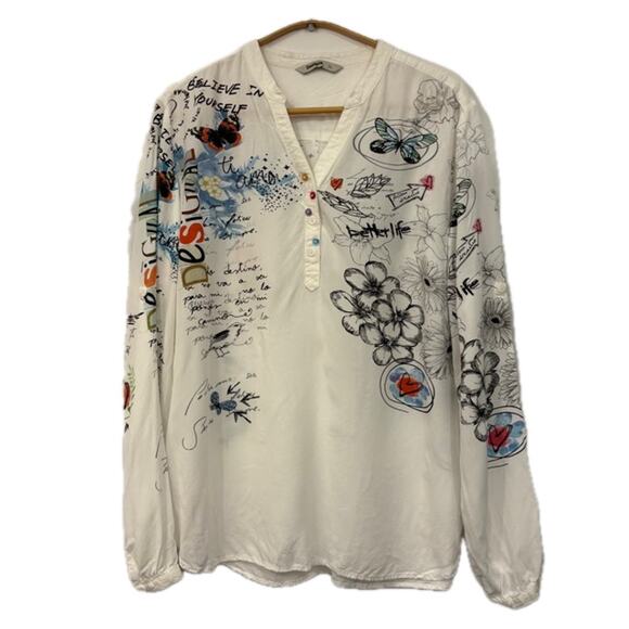 Desigual Long Sleeve Tunic Top Size XL White V-Necvk Mixed Buttons Better Life - Picture 1 of 9